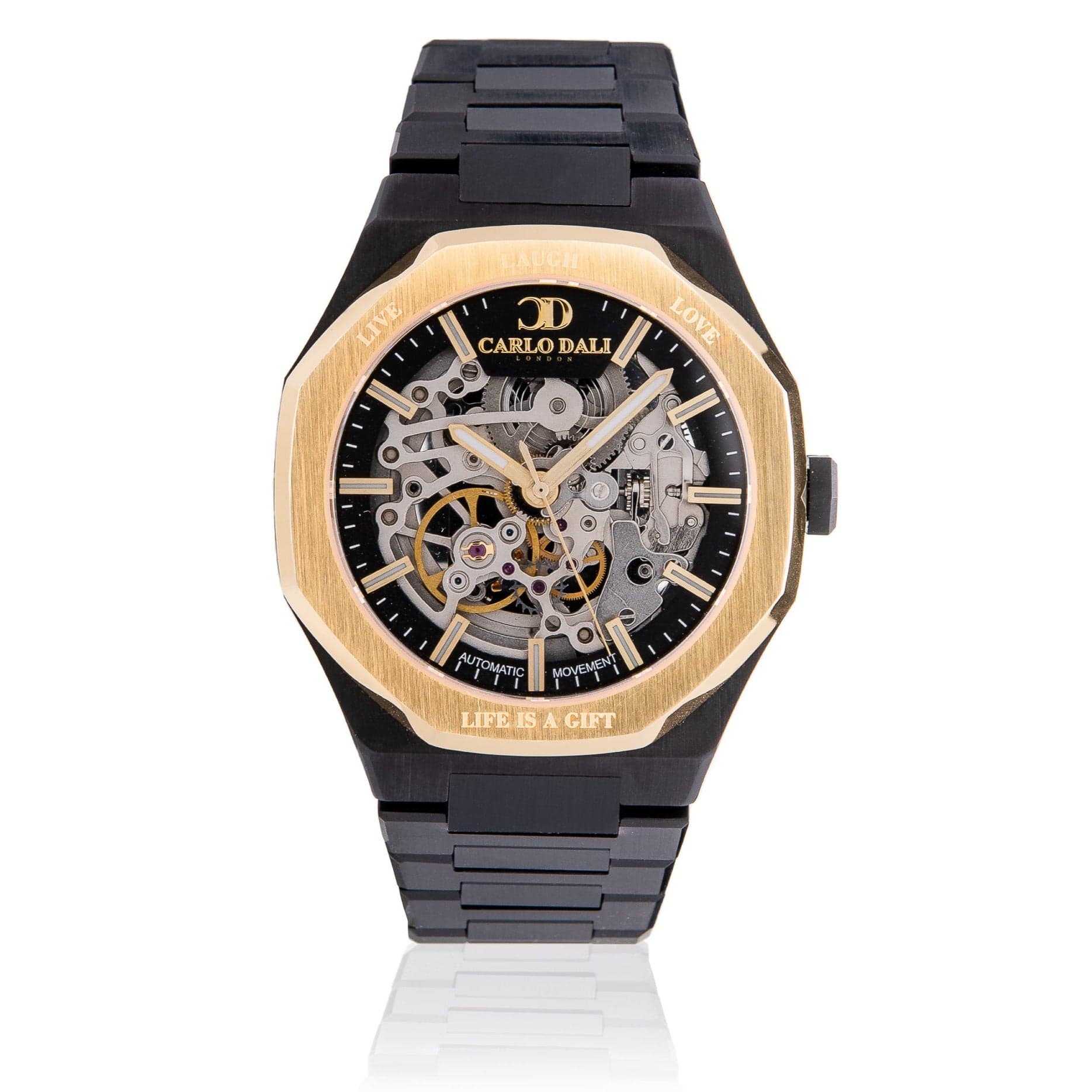 "OCTAGON" LIVE LAUGH LOVE BLACK & GOLD LIMITED WATCH 1