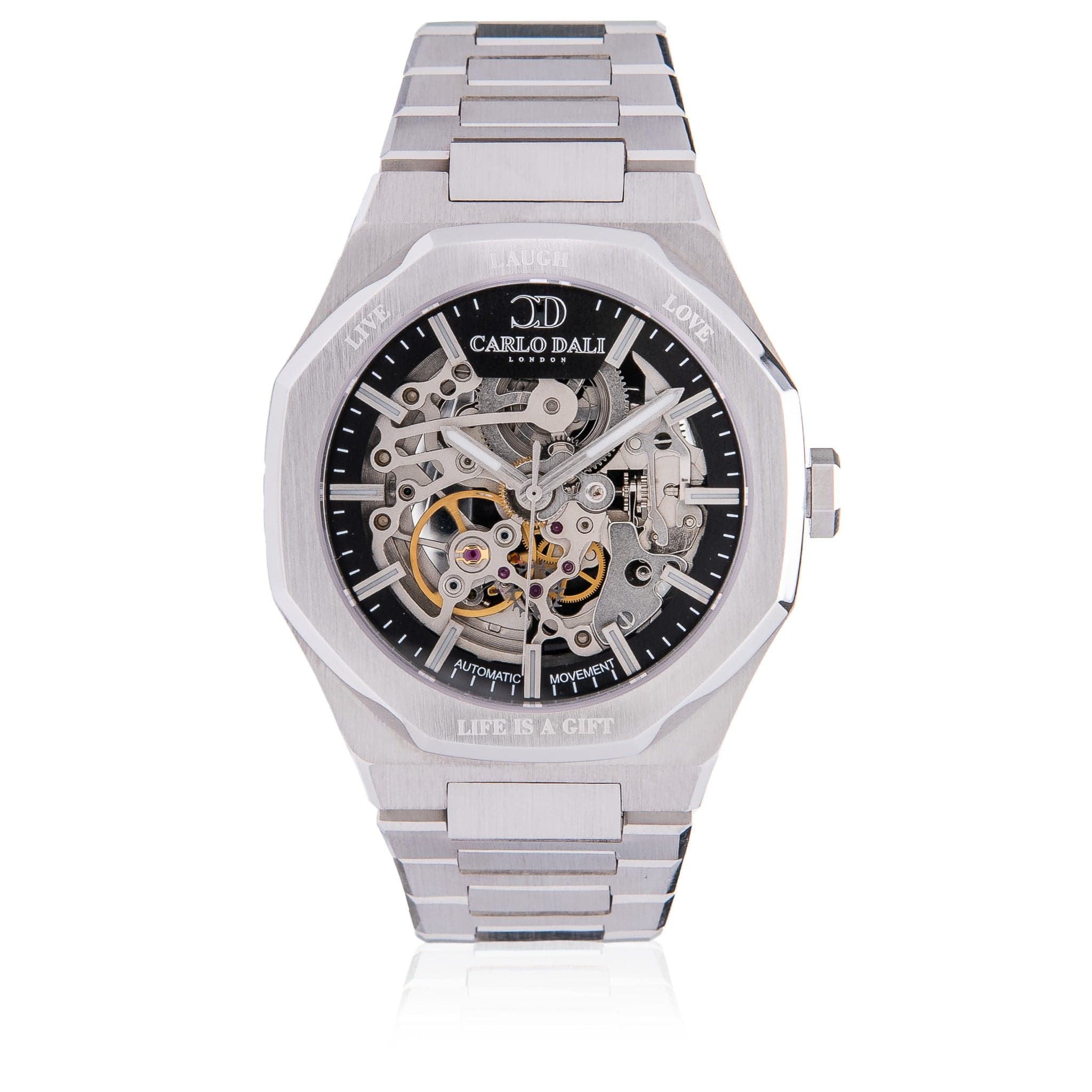 "OCTAGON" LIVE LAUGH LOVE SILVER & BLACK LIMITED WATCH. 1