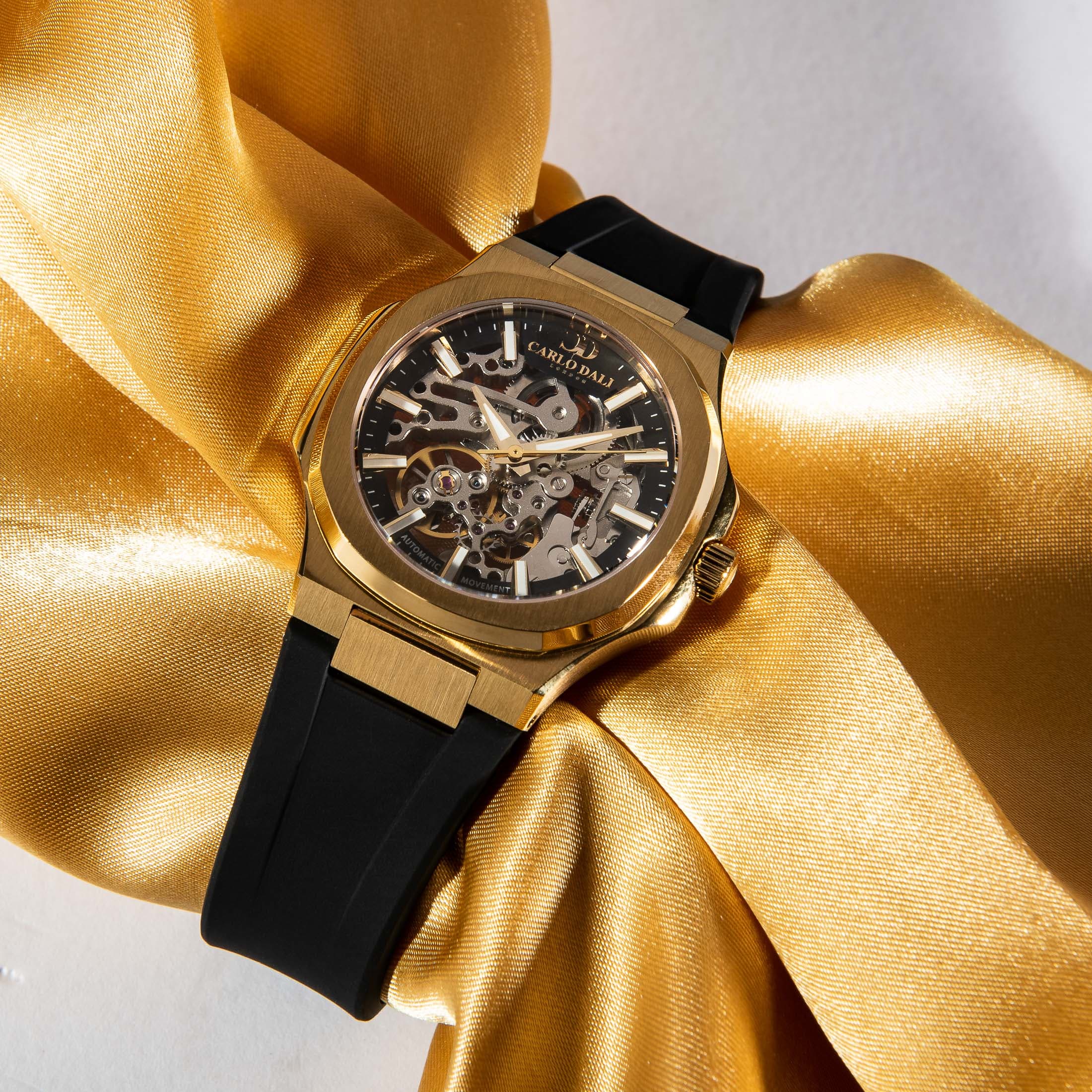 "TIMELESS" SKELETON BLACK & GOLD RUBBER WATCH 2