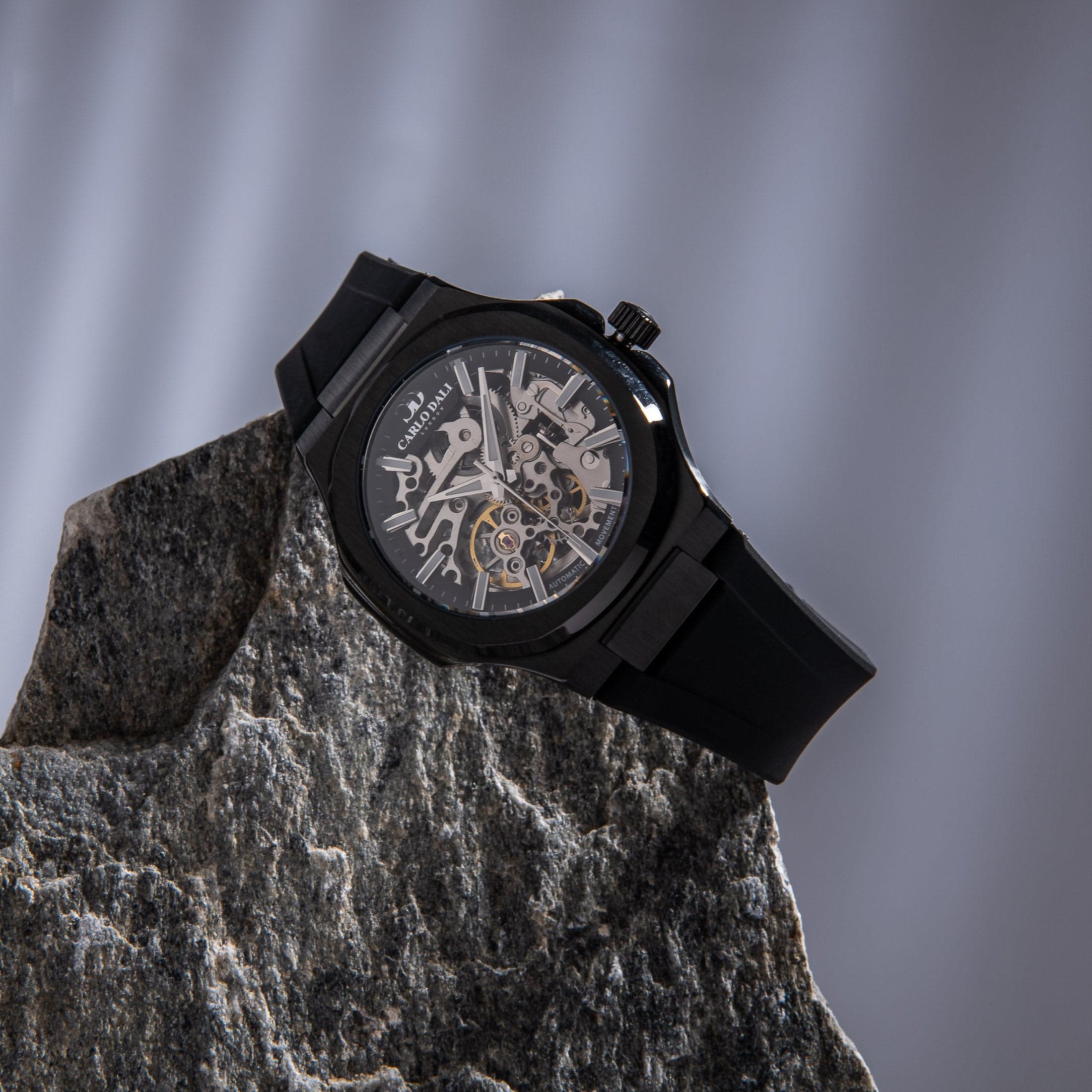 "TIMELESS" SKELETON TOTAL BLACK RUBBER WATCH 2